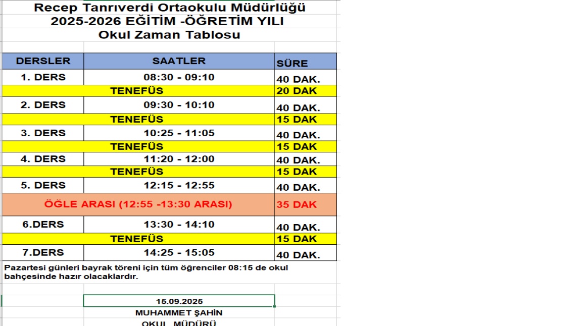 2025-2026 EĞİTİM ÖĞRETİM YILI ZAMAN ÇİZELEGSİ